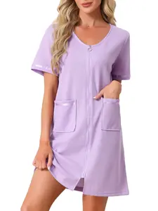 INSPIRE CHIC Women's Short Zipper Robes Light Weight Zip Hosecoat with Pockets Waffle Bathrobe Short Sleeves Zip Up Front Robes Soft Nightgown