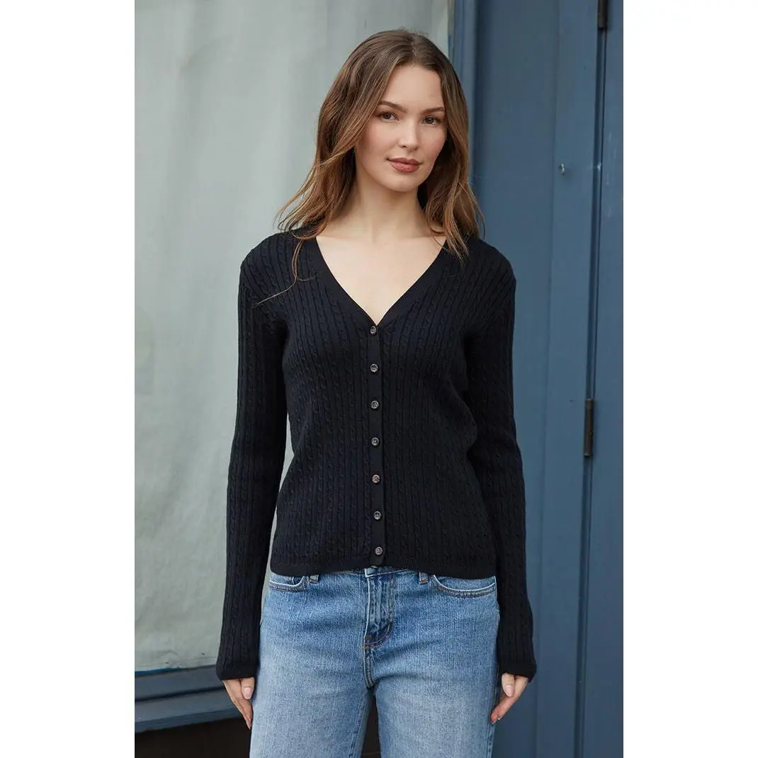 John Galt Women's Black V-Neck Cable Knit Cardigan