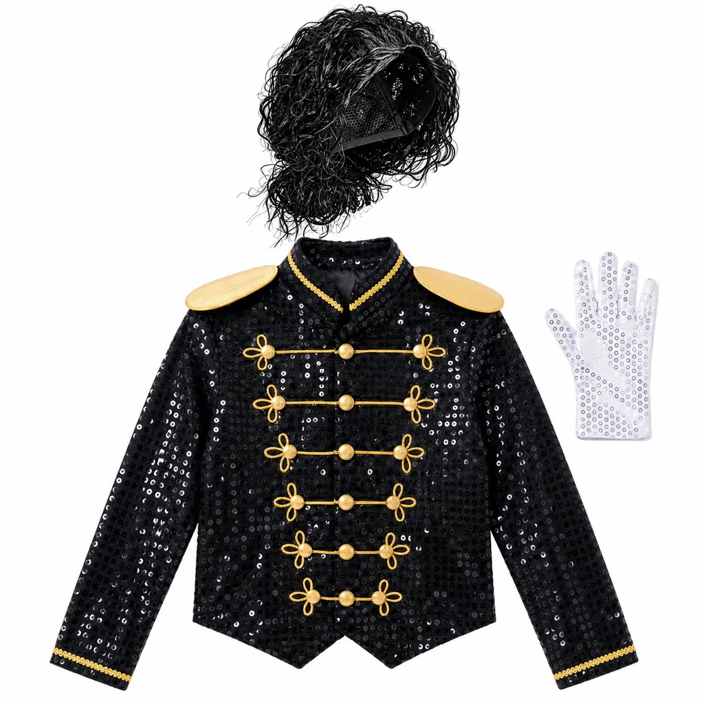 Boys' Michael Jackson Halloween Costume Set - Black Sequin Jacket, Curly Wig, White Sequin Gloves, King of Pop Outfit for Stage Performance, Halloween Costume Ideas, Costumes Ideas