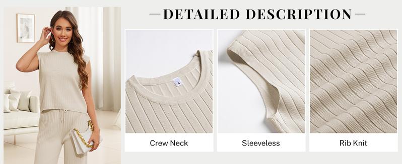 Kingapril Women's 2 Piece Knitted Set Summer Outfits Pullover Sleeveless Vest High Waist Wide Leg Trousers Casual Suit Sportswear