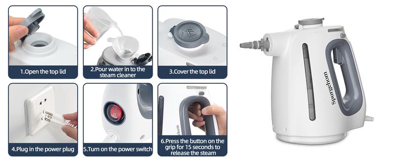 Spurgehom Multi-Surface Handheld Steam Cleaner 1350W - 3Bar Steamer with 15 Tools & Mop for Floors, Car Interiors, Upholstery & More, 550ML Capacity for Whole Home Cleaning