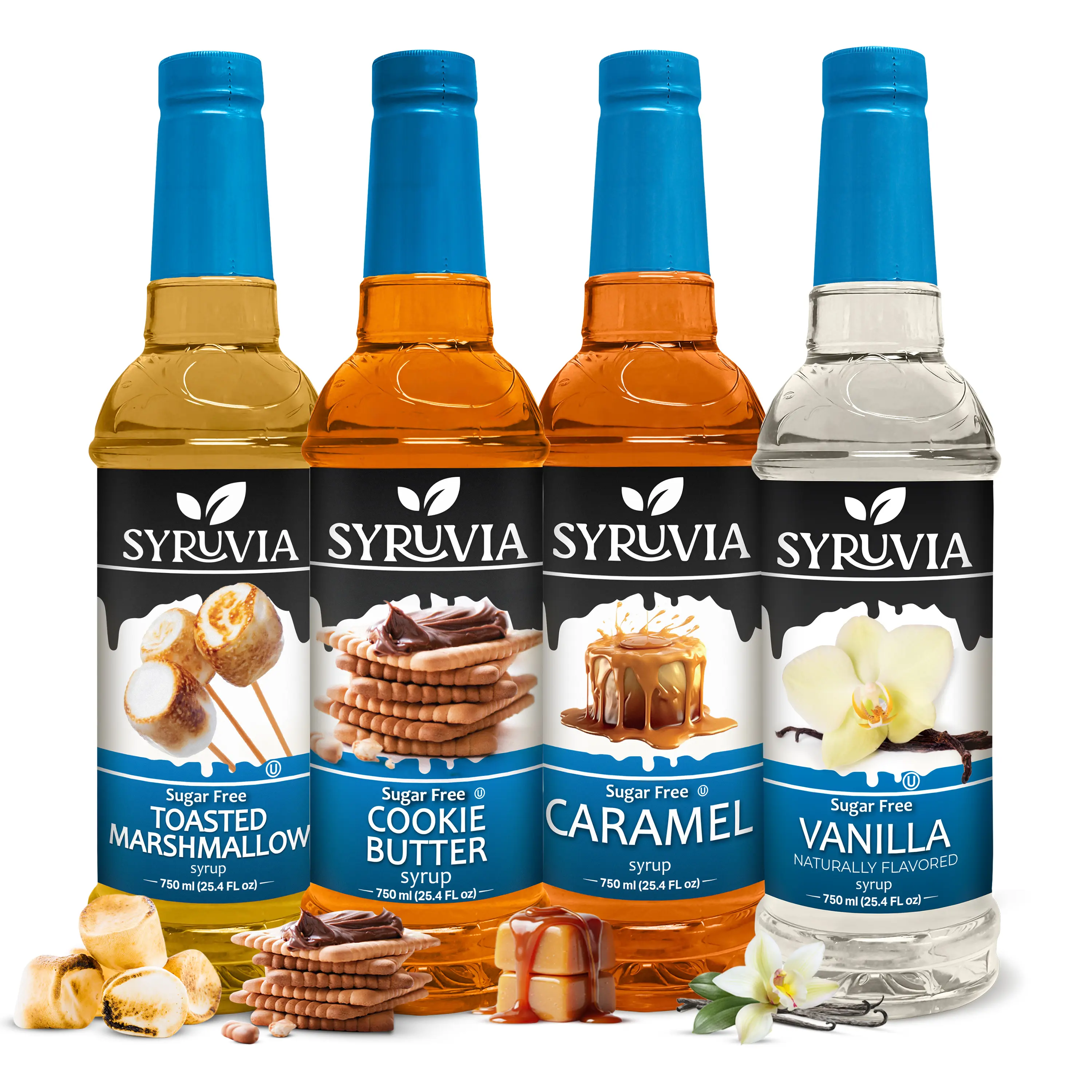 Syruvia Sugar-Free Rich Creamy Coffee Syrup 4-Flavor Pack - Toasted Marshmallow, Cookie Butter, Caramel, Vanilla - Low Calorie, Gluten Free, Kosher - 25.4 fl oz Plastic Bottles - Ideal for Home Cafe Beverages, Desserts