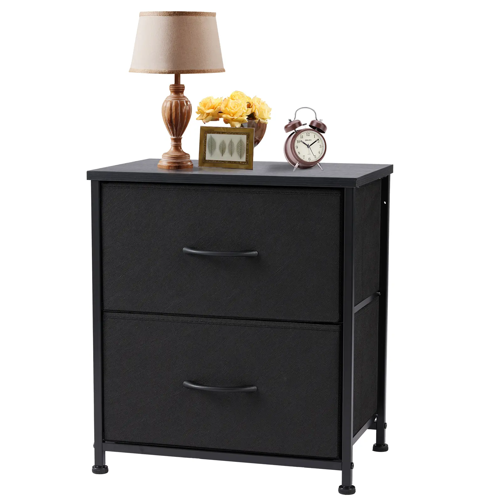 Modern Black Wood 2-Drawer Fabric Bedside Table - Apartment Furniture, Room Decor, Plastic Ft, Easy Setup with All the Tools, Multipurpose Indoor Bedroom Storage Side Cupboard, Casual