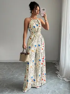 Women’s elegant printed tie-waist jumpsuit featuring a cinched waist and wide-leg pants; an elegant, fashionable sleeveless set with a cinched waist and wide-leg trousers; stylish printed design suitable for summer dates, parties, and everyday wear.