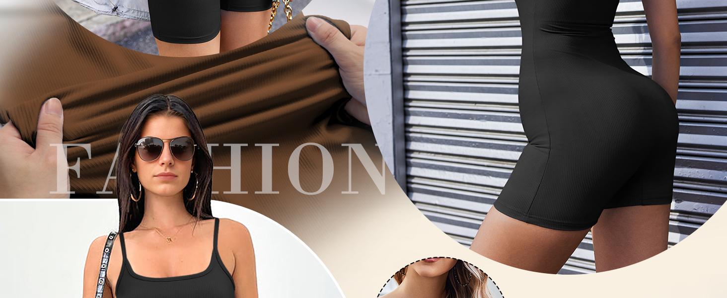 EKOUAER Womens Workout Romper Ribbed Unitard Stretch One Piece Short Jumpsuits Yoga Sleeveless Adjustable Outfits 2025