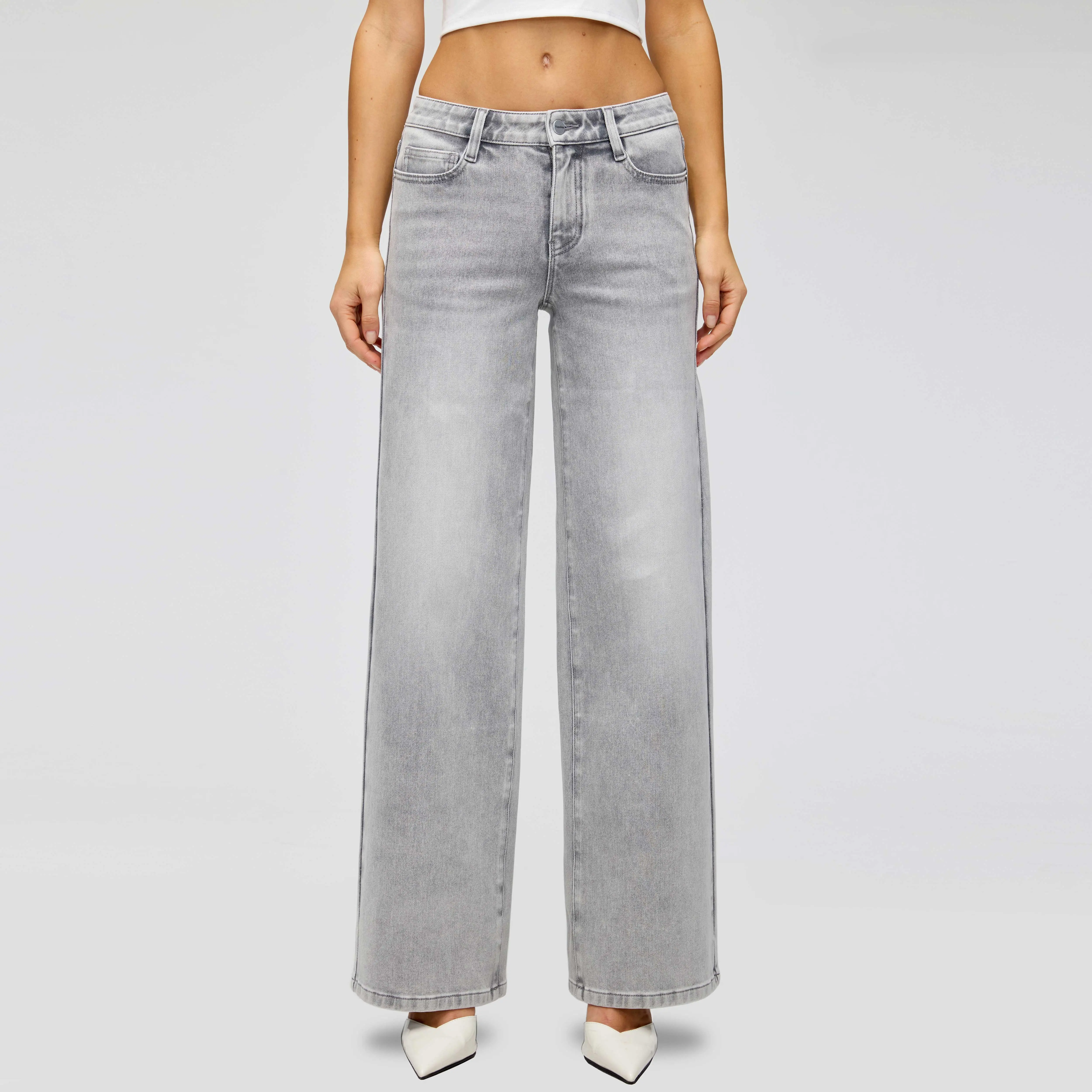 Vessira Snow Wash Light Gray Mid-Rise Stretch Wide-Leg Jeans for Women High Rise Slouchy Denim Pocket