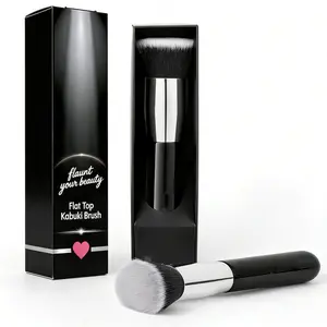 Kabuki Foundation Brush for Liquid Makeup Flat Top Professional Stick Buffing Blending Mineral Powder Large Face Makeup Brushes, Black，wavy talk thermal brush，makeup brush set