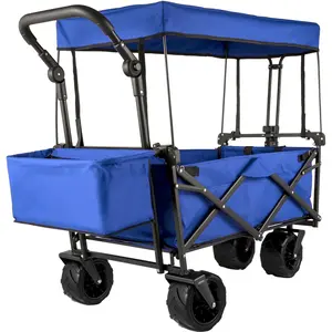 VEVOR Extra Large Collapsible Garden Cart with Removable Canopy,  , Folding Wagon Utility Carts with Wheels and Rear Storage, Wagon Cart for Garden, Camping, Grocery Cart, Shopping Cart, Blue