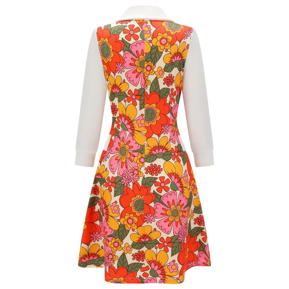 Retro Stage 1960s Orange Printed A-Line Dress with Peter Pan Collar, 3/4 Sleeves, Floral Patchwork Pockets, Lightweight for Commuting Casual Outings Womenswear
