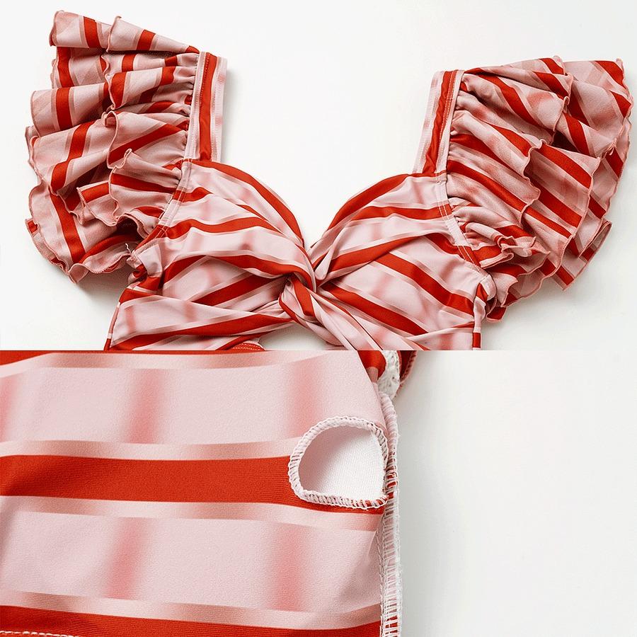 FLAXMAKER Women's Red Striped Printed Ruffle Sleeve V Neck Cut Out One Piece Swimsuit and Skirt Set Beachwear Swimdress Bathing Suit Tummy Control Swimsuit Vacation Clothing Swimwear Bathing Suit Stylish Beachwear #TikTokShopBlackFriday
