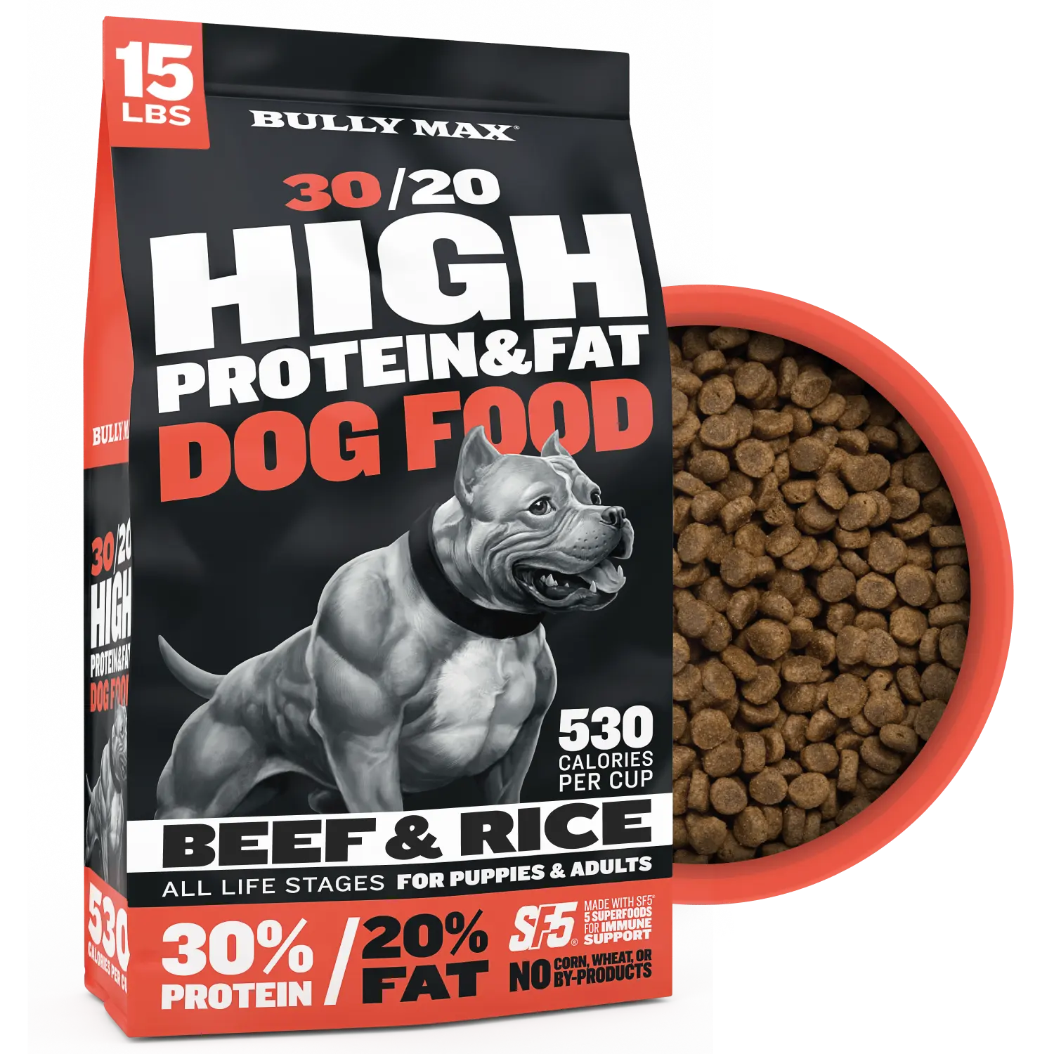 Bully Max 30/20 High Protein Beef Dog Food 15 lbs - High Performance Filler-free Formula - Supports Muscle Gain & Health - 530 Calories per cup - No corn, wheat, or by-products