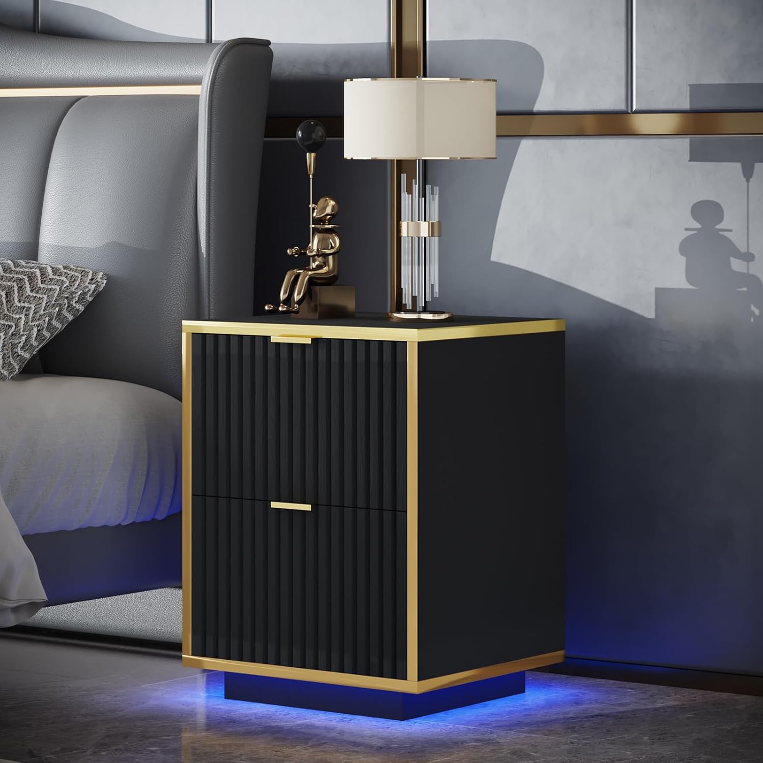 HOMBCK Nightstand, Modern Bedside Table with LED Lights, End Table for Bedroom Living Room