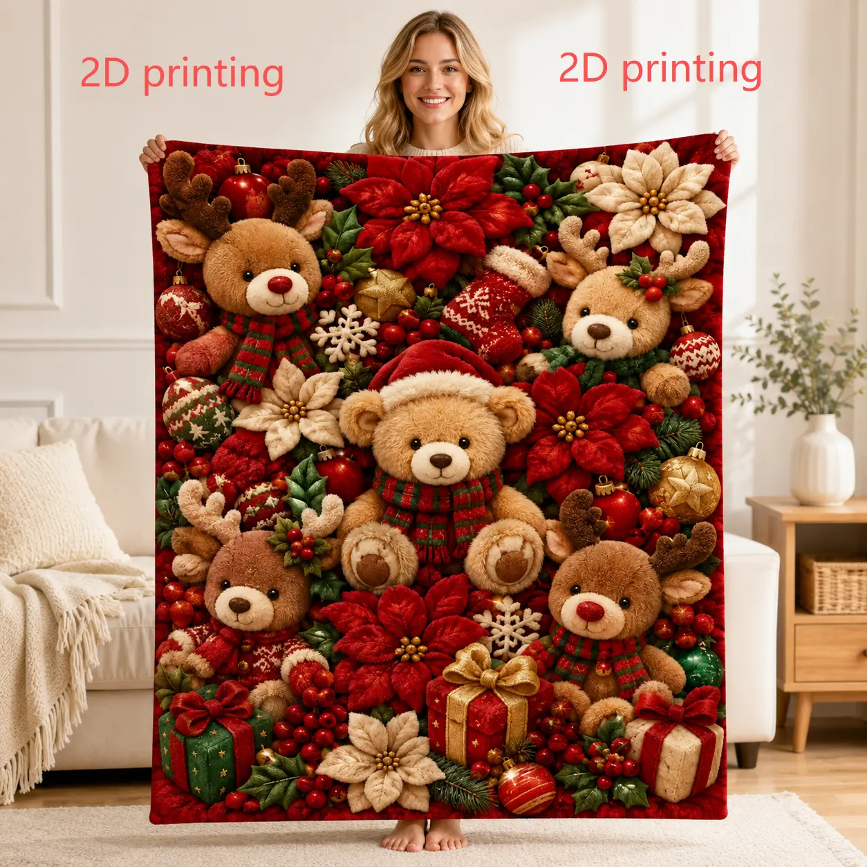 Christmas Teddy Bear Colorful Floral 2D Print Blanket, Cute Bear, Super Soft and Comfortable Blanket, Suitable for Children's Bedrooms and as a Gift, Floral Print Blanket