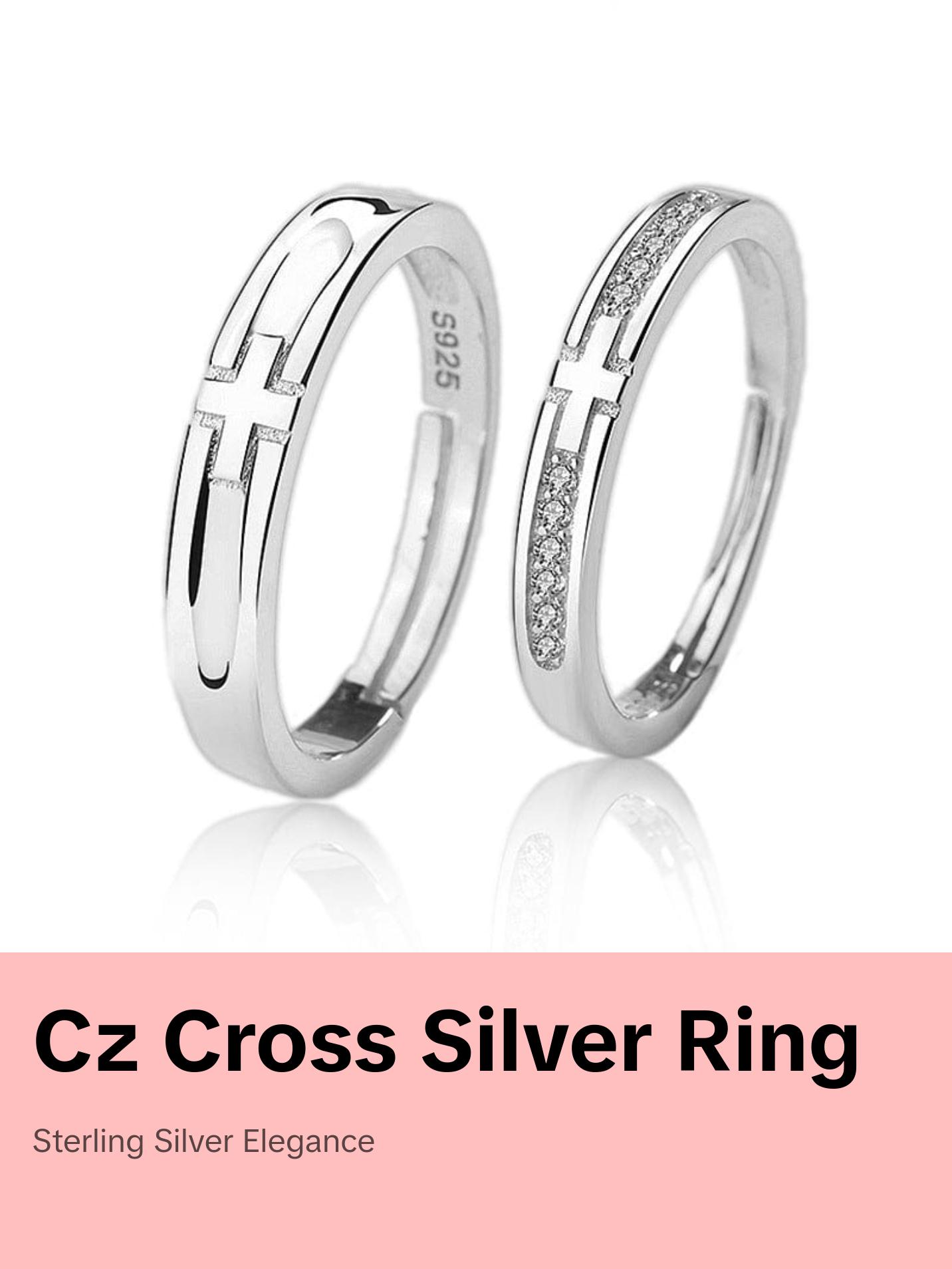 Simple CZ Cross 925 Sterling Silver Adjustable Promise Ring