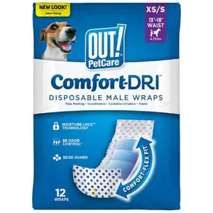 OUT! PetCare Disposable Dog Diapers Male, Puppy Belly Band, Potty Training, Doggie Diapers, Belly Bands for Male Dogs, Puppy Training, Adjustable Fasteners, Incontinence, (XS/S, 12ct)