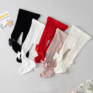5 Pcs Baby girls soft cute tights cable knit seamless leggings with bow toddler girl cotton pantyhose Candy Colored Socks White Socks knee pad infant