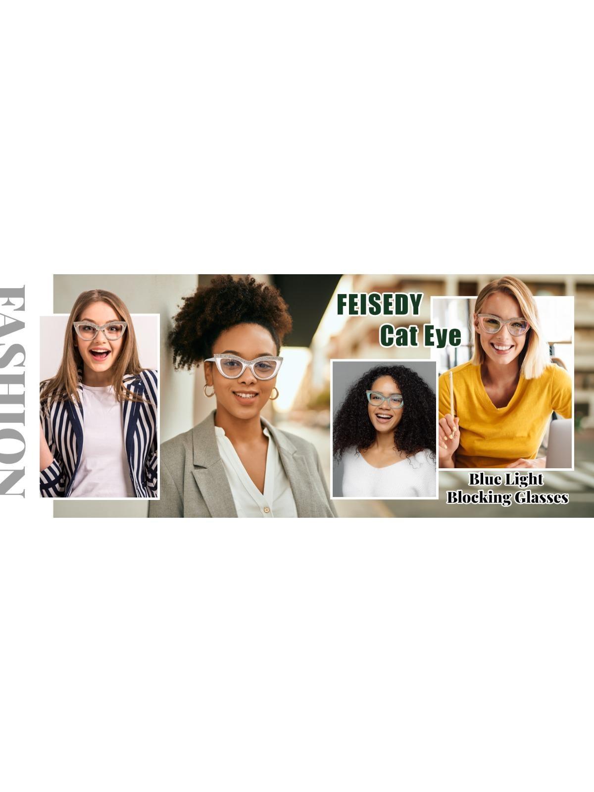 FEISEDY Diamond Blue Light Blocking Glasses Cat Eye Rhinestone Women Oversized Anti Eyestrain Computer Glasses Frame B2358