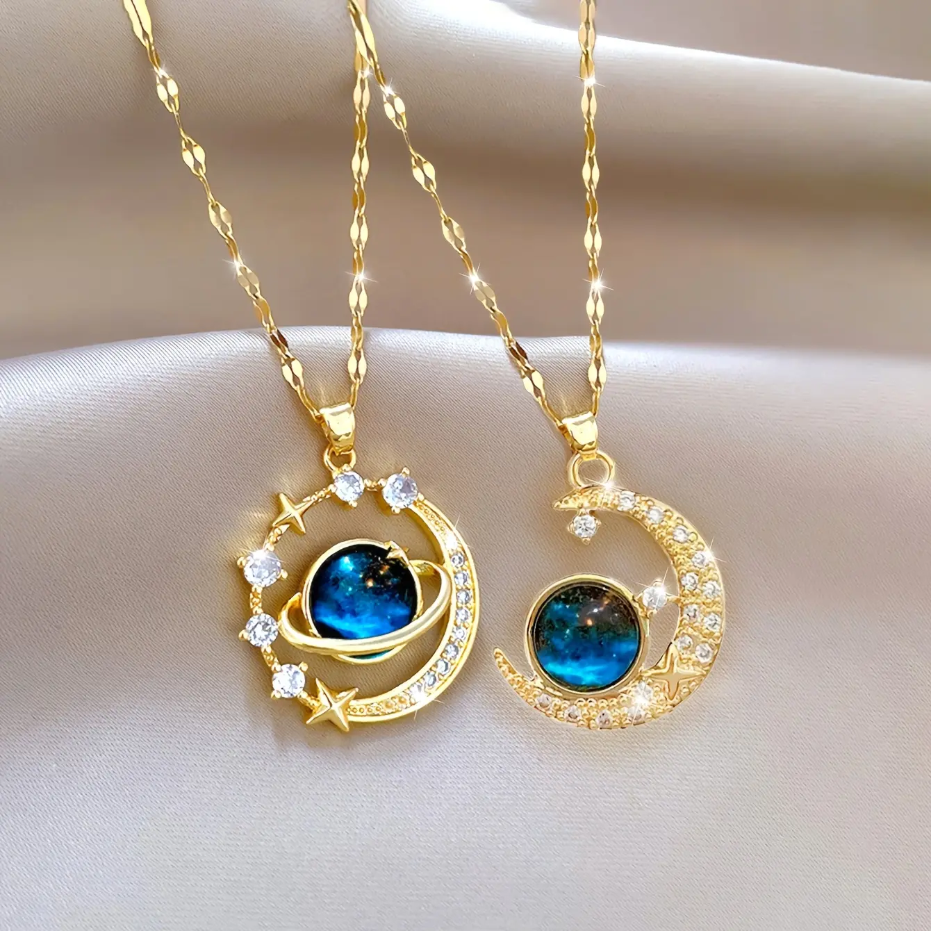 [New Arrival] 2-Piece Set: Dreamy Blue Planet & Moon Pendant Necklaces.High-Quality Jewelry-A Stylish, Upgraded Design.Perfect for everyday wear and an ideal gift for the holidays; a wonderful present for friends and family.