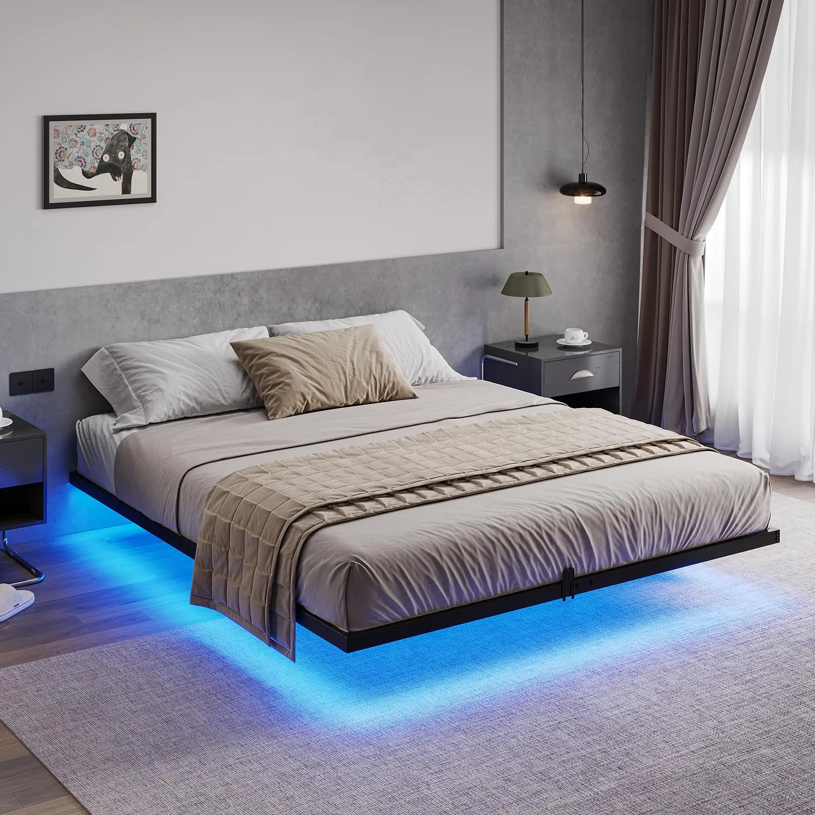 Hasuit Floating Metal Bed Frame with LED Lights Metal Platform Bed No Box Spring Needed Black Six Sizes