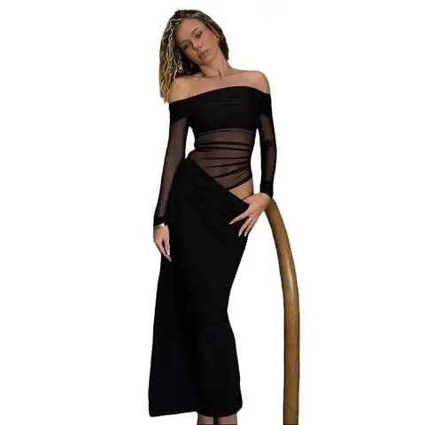 Women's Chic 2-Piece Off-Shoulder Casual Set - Long Sleeve Fitted Mesh-Textured Top with Sheer Mesh Overlap, Full Length Bodycon Maxi Skirt