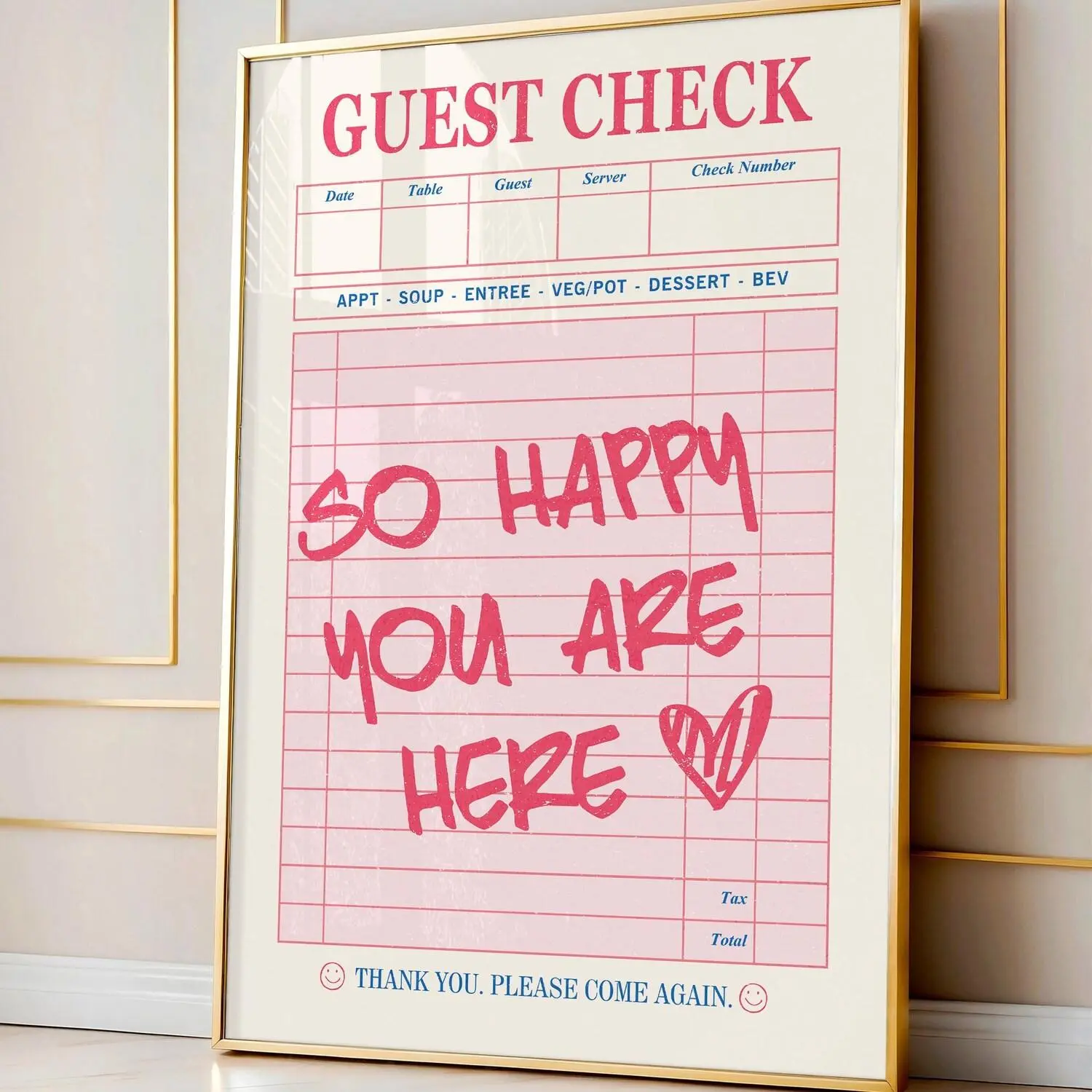 Welcome Sign For House Guest Check Print Poster, So Happy You Are Here Art Print, Vintage Style Guest Check, Aesthetic Preppy Art Dorm Decor