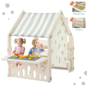 【Over 5,000 Orders Sold】Kids Playhouse with Building Block Panel and Categorized Storage Compartments, Featuring Roof and Curtains Indoor Play Storage for Toddlers, Packed with Creative Fun Shelves & Racks Gray