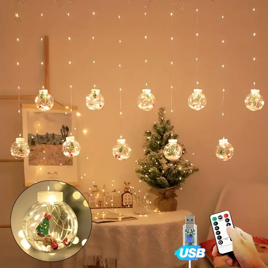 10 USB Christmas Ball Lights Set - Plastic Irregular, USB Powered, 3.5m Length, Remote Control, 11 Festive Lighting Modes, Ideal for Christmas Gatherings, Home & Party Decor, Contemporary, New Year
