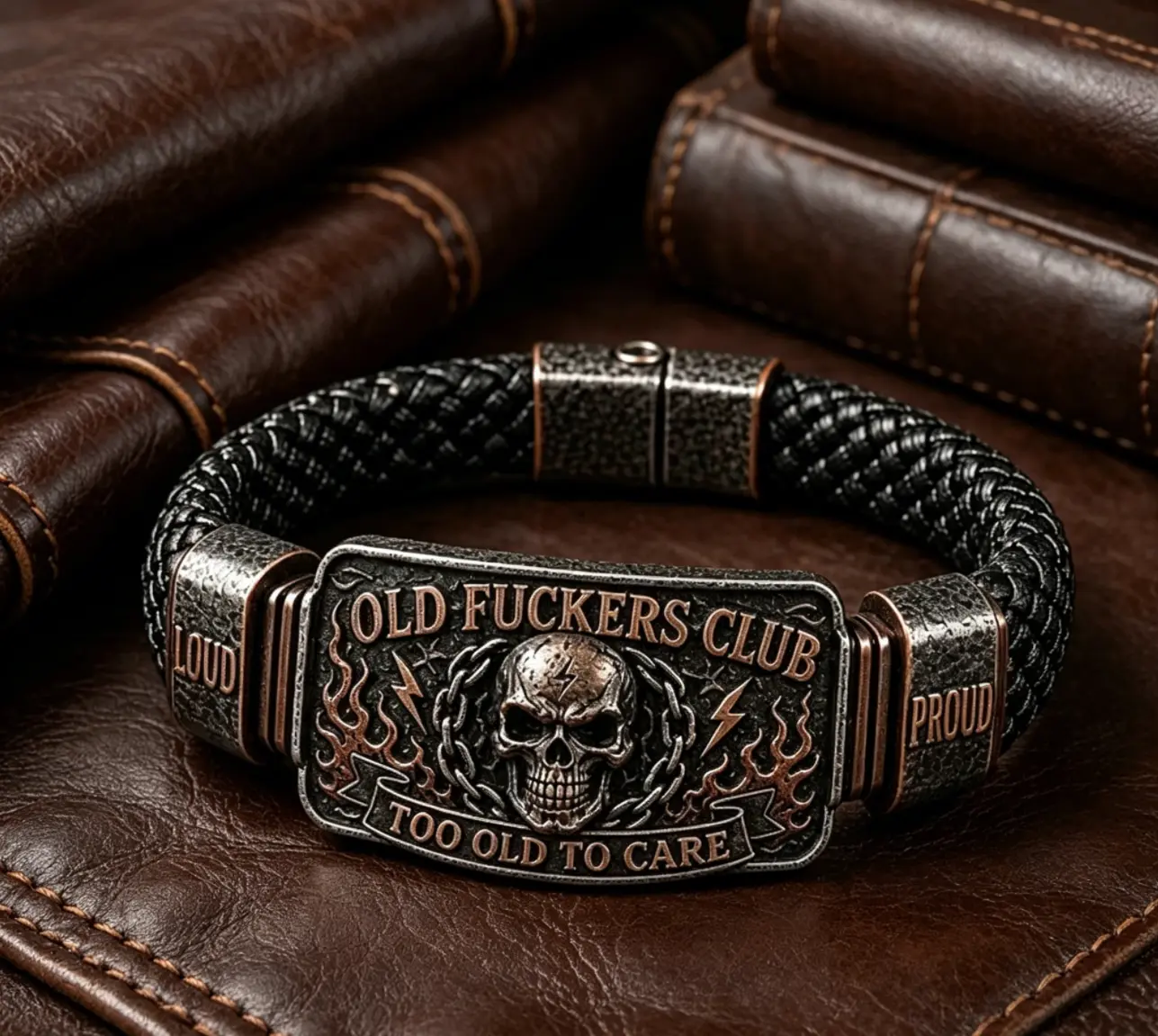 Old Fckers Club Skull Leather Bracelet Vintage Biker Wristband Gothic Men Jewelry Gift