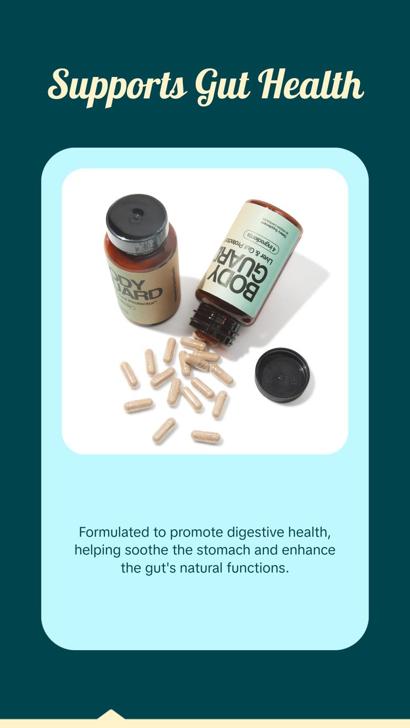Bodyguard Liver Detox & Gut Health, Setria Glutathione 250mg, Master Antioxidant, Post-Celebration Formula, Red Flush Support, Vegan, Gluten Free, Made in USA, 4 Ingredients, 60 Capsules