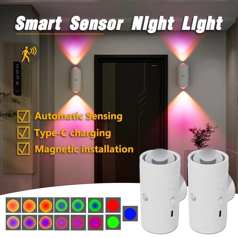 Motion Sensor Light Indoor, Rechargeable Battery Night Light, Ultra-Long Battery Life, Magnetic Stick On Motion Sensor Light 3 Brightness Adjustment Modes for Bedroom, Stairway, Hallway, Outdoor, RGB, Sunset Night Lamp, Christmas, dimmable wall lamp fathe