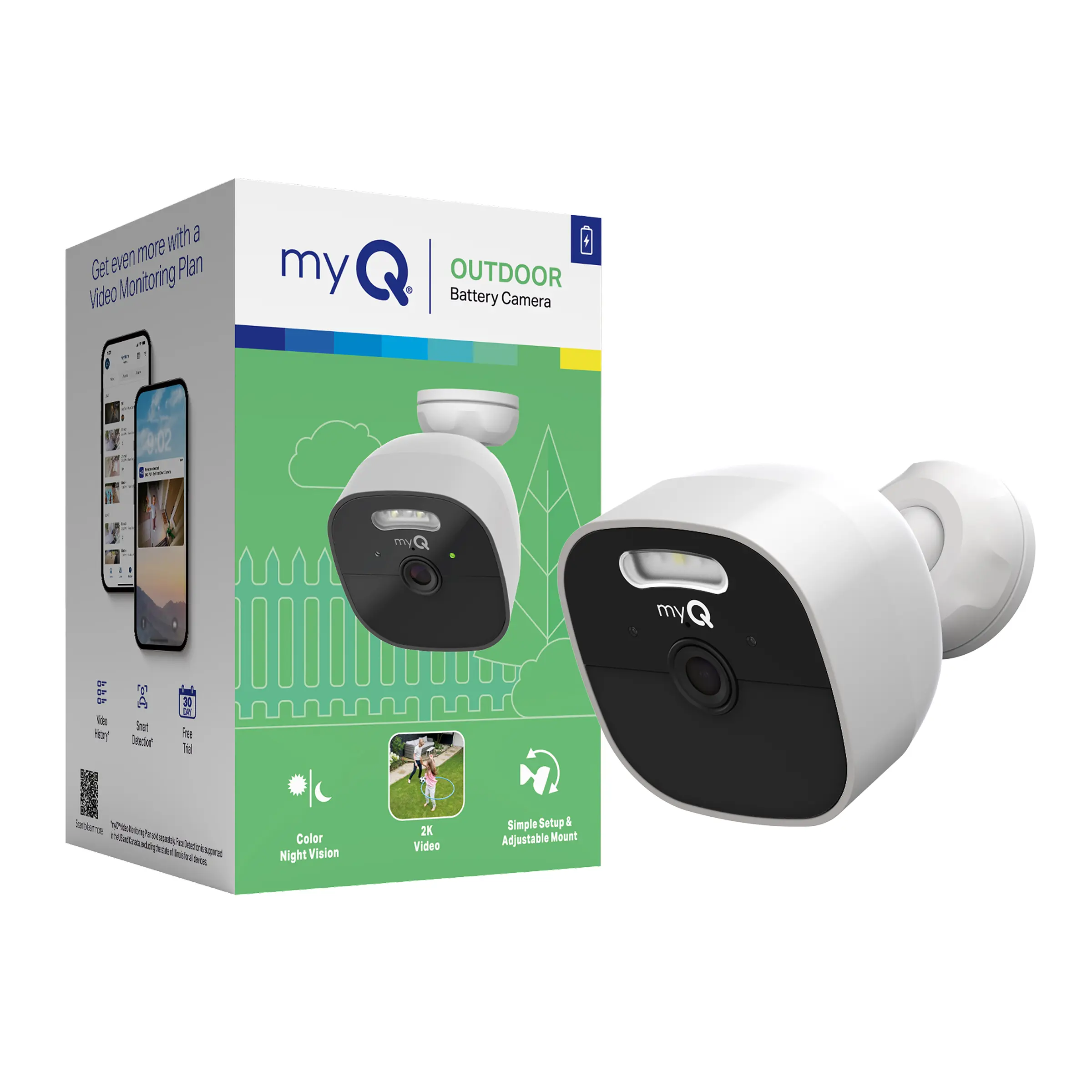 myQ Outdoor Battery Camera | 2K Camera, Color Night Vision, Spotlight, Motion Alerts, Live View with Two-Way Talk, Wireless, Weather-Resistant, Outdoor, White