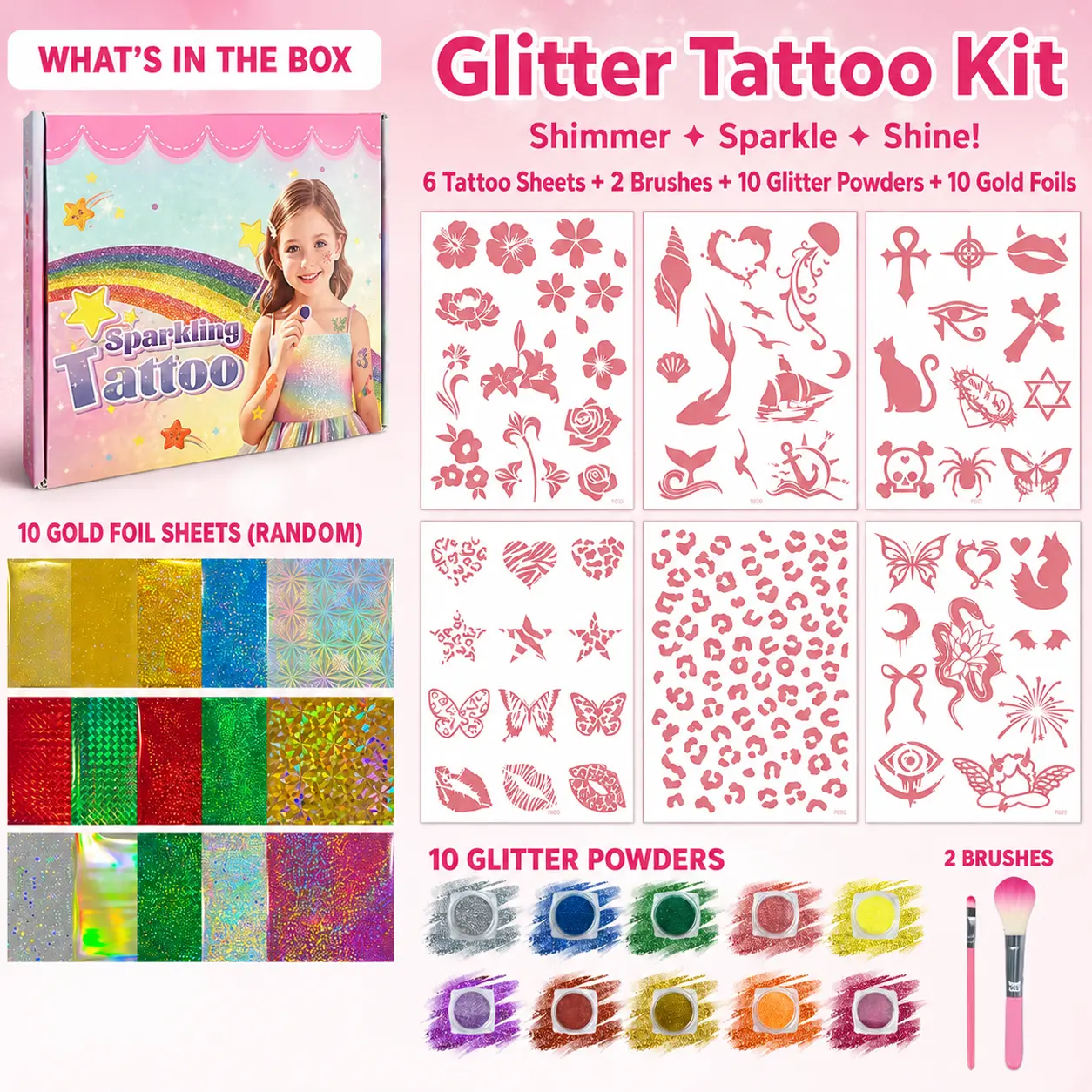 SummerVibes Assorted Creative Sparkle Tattoo Kit Stencils - 6 Sheets with Butterfly, Floral, Cute Patterns, Easy-to-Use Body Art Templates for Kids, Festivals, Great for Parties Supplies