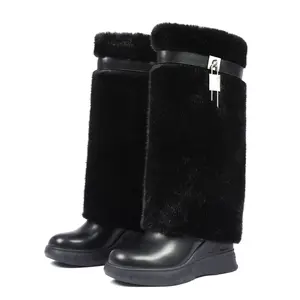 Womens Faux Fur Boots Knee High Boot Round Toe Platform Wedge Heel Plush Fur Trim Padlock Warm Cozy Comfy Winter Booties Indoor Outdoor Party Dressy Work Casual Gifts Snow Boot Shoes
