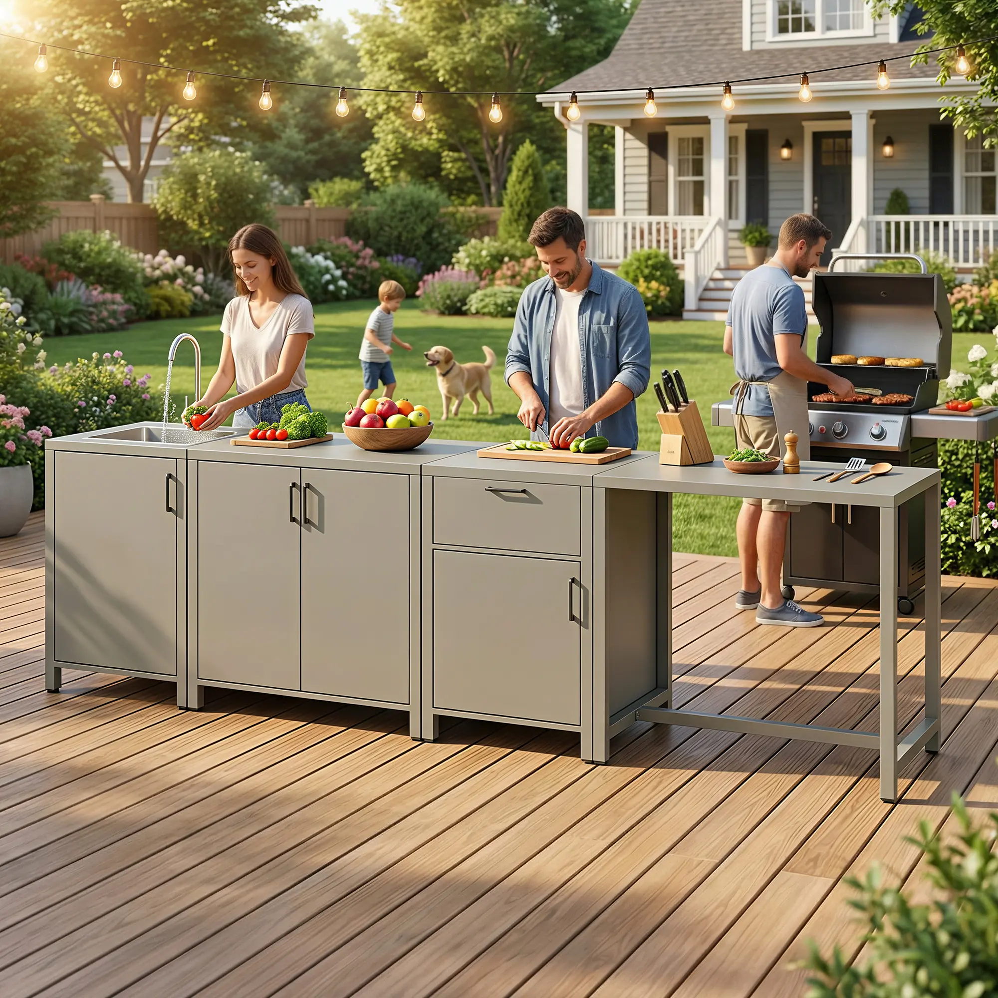 RoyalCraft Outdoor Storage Cabinet with Stainless Steel Sink, Aluminum Modular Outdoor Kitchen, All Weather Kitchen Island with Storage, Drawers & Bar Table for BBQ, Porch, Backyard