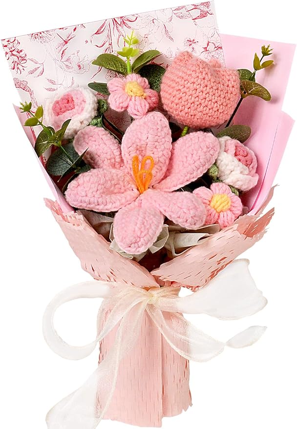 Handmade Knitted Crochet Flower Bouquet, 1 Bunch Artificial Flowers for Home Decor, Parties, Weddings & Anniversaries — Perfect Valentine’s Day, Birthday, Mother’s Day, Father’s Day & Thanksgiving Gift, Decorative Artificial Flower Set