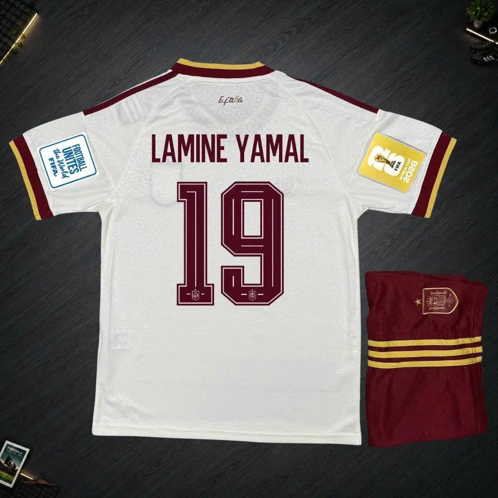 Lamine Yamal #19 White and Burgundy Soccer Jersey & Shorts Set, Men’s Breathable Short Sleeve Football Uniform, National Team Inspired Match Day Fanwear and Training Sports Kit