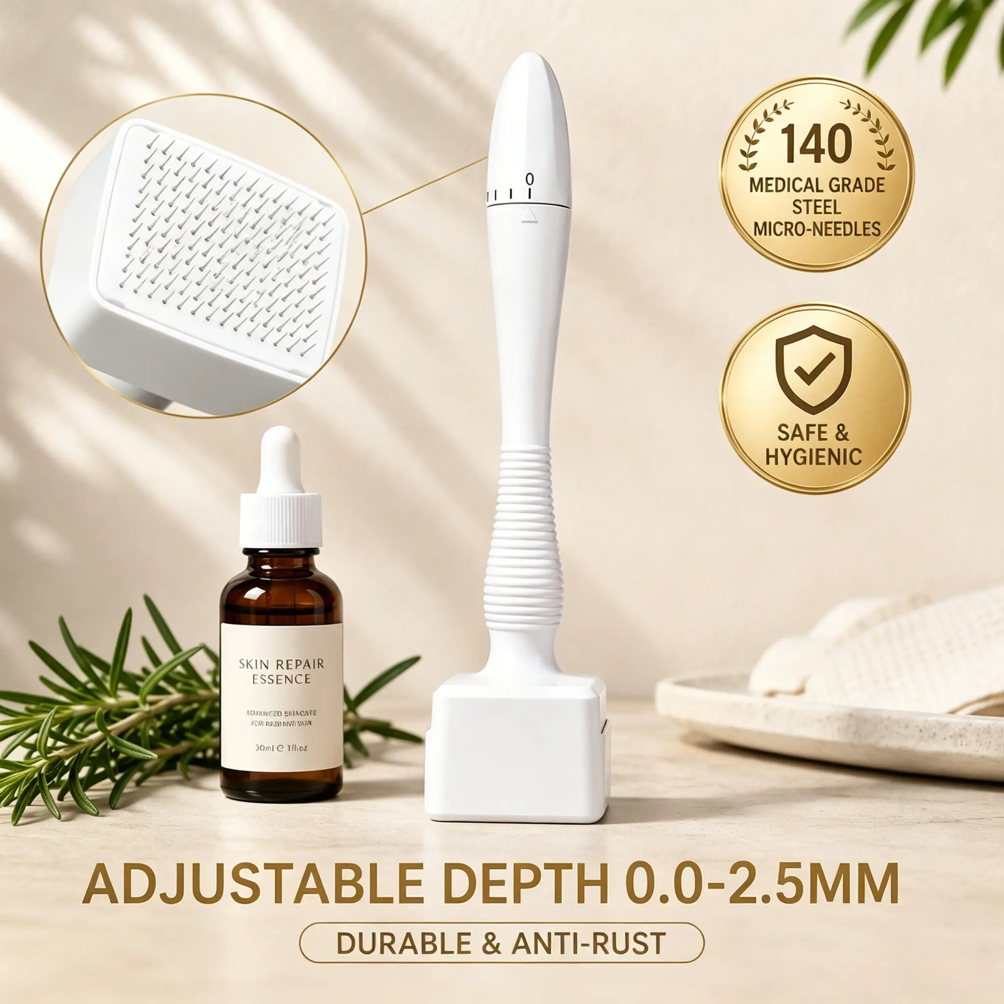 Adjustable Titanium Derma Stamp with 140-Pin Detachable Needle Head, Anti-Slip Handle Microneedling Tool, 0.2-2.5mm Adjustable Needle Depth, Lightweight Durable Handheld Device for Facial Repair & Enhances Serum Absorption (All Skin Types)