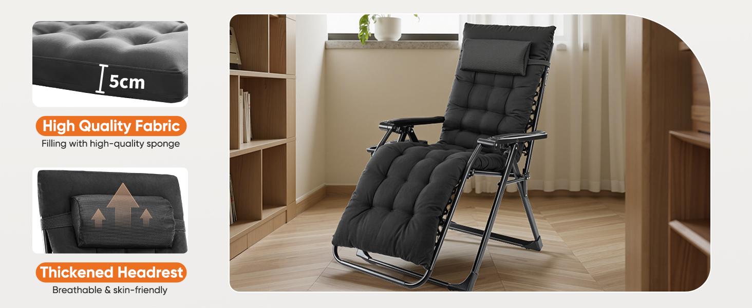 Zero Gravity Chair, Reclining Camping Lounge Chair, Reclining Patio Chairs with Cup Holder Trays and Removable Cushion, Folding Recliner for Indoor and Outdoor