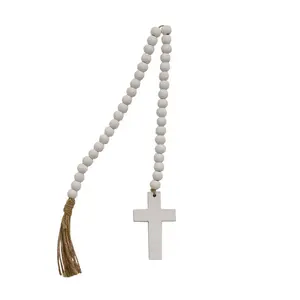 White Wood Bead Garland with Cross