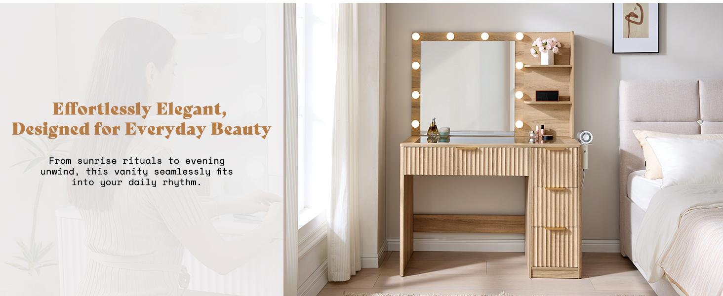 AMERLIFE 36.2/47.2" Fluted Vanity Desk with Mirror and Adjustable LED Lights, Large 4/7 Drawers Makeup Table with Glass Top and Charging Station for Women and Girls,,Best Gift Ideas/Christmas Gifts