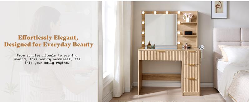 AMERLIFE 36.2/47.2" Fluted Vanity Desk with Mirror and Adjustable LED Lights, Large 4/7 Drawers Makeup Table with Glass Top and Charging Station for Women and Girls,,Best Gift Ideas/Christmas Gifts