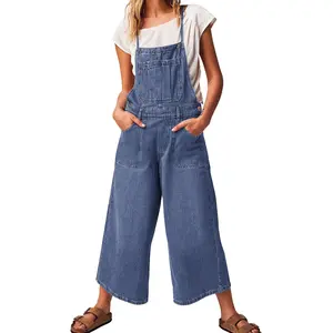 Chouyatou Women's Casual Adjustable Overalls Wide-Leg Loose Cropped Denim Jumpsuit