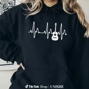 Unisex Musician Hoodie Featuring Acoustic Guitar Heartbeat Print – 100% Cotton