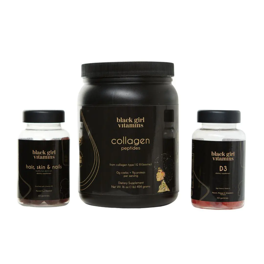 Black Girl Vitamins Beauty Bundle 3-Pack - Collagen Peptides Hair Skin & Nails D3 Supplement for Makeup Cosmetic Needs Edible Healthcare Dietary Fitness Women's Wellness Healthy Hair Radiant Skin