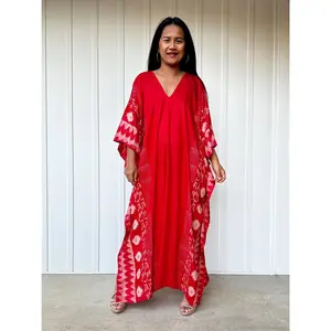 Luna Hand Screen Printed Kaftan in Red