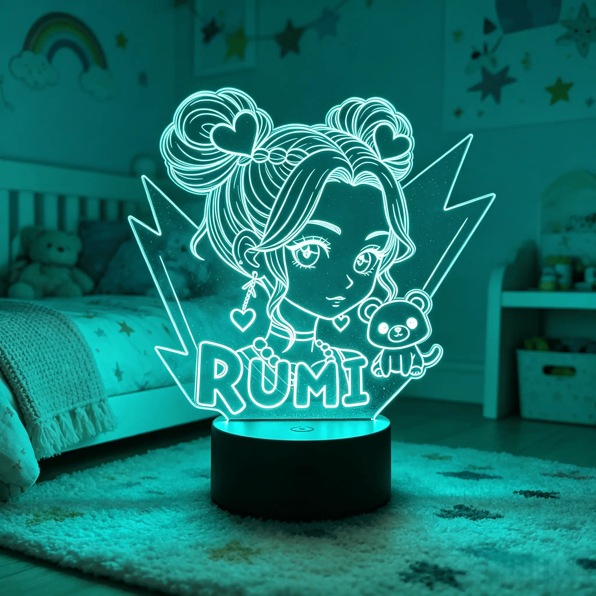Custom Name Anime‑Style Girl with Teddy Bear & Heart Accents Acrylic Night Light, Neon Glow Personalized Decor Lamp for Bedroom, Desktop, Kids Room Indoor Display Ornament