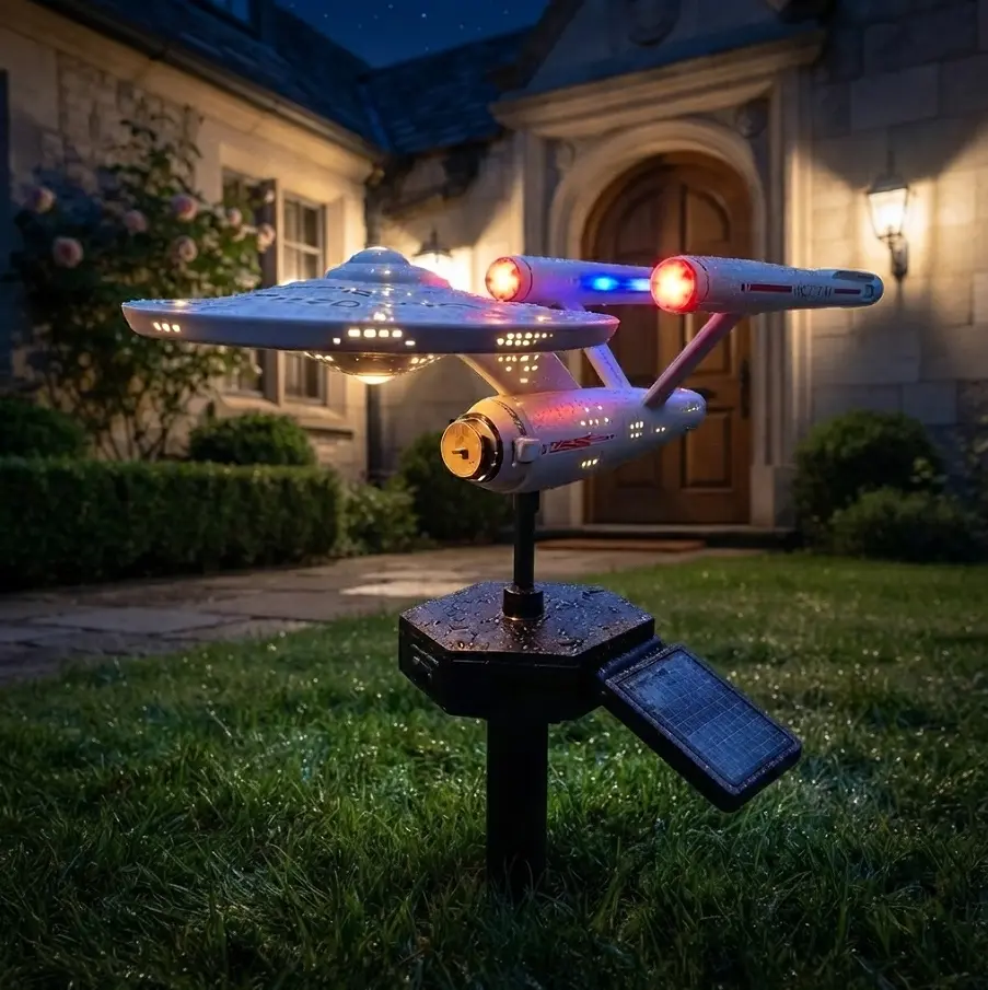 Solar Sci-Fi Spaceship Garden Stake, LED Lighted Starship Outdoor Yard Art Sculpture, Waterproof Landscape Lighting for Lawn Pathway, Decorative Patio Backyard Ornament, Cool Sci-Fi Fan Gift, Unique Home Decor