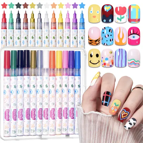 Beetles 12-Color Gel Polish Nail Art Pen Multi-Pack - 0.5mm & 0.7mm Painting Pens, Shake Mix Tip, Quick-Drying Acrylic Ink, Smooth Flow, Portable, Fine Control for DIY Fashion Nails Polka Dot Artwork