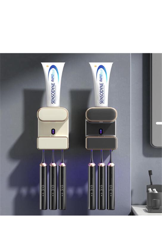 Automatic Toothpaste Dispenser Hands-Free Wall Mount Toothpaste Squeezer with Toothbrush Holder Beige Black Minimalist Design