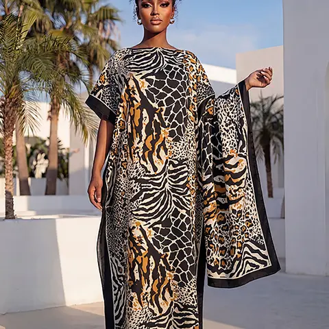 MOO MOO Women’s printed long dress and scarf set; Bohemian casual shawl dress with scarf; relaxed loose beachwear; soft and comfortable; suitable for all seasons; a must-have for seaside vacations. Matching Outfit